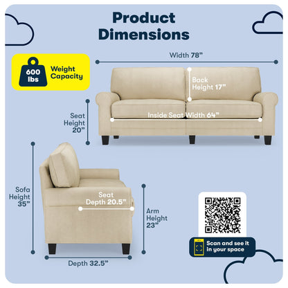 Serta Copenhagen 78 Rolled Arm Sofa, Easy Care Polyester, Soft Pillow Back, Pocket Coil Seat Cushions