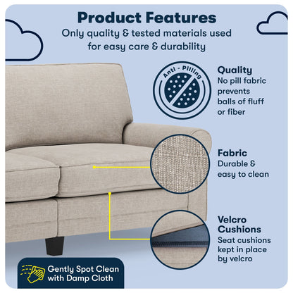Serta Copenhagen 78 Rolled Arm Sofa, Easy Care Polyester, Soft Pillow Back, Pocket Coil Seat Cushions
