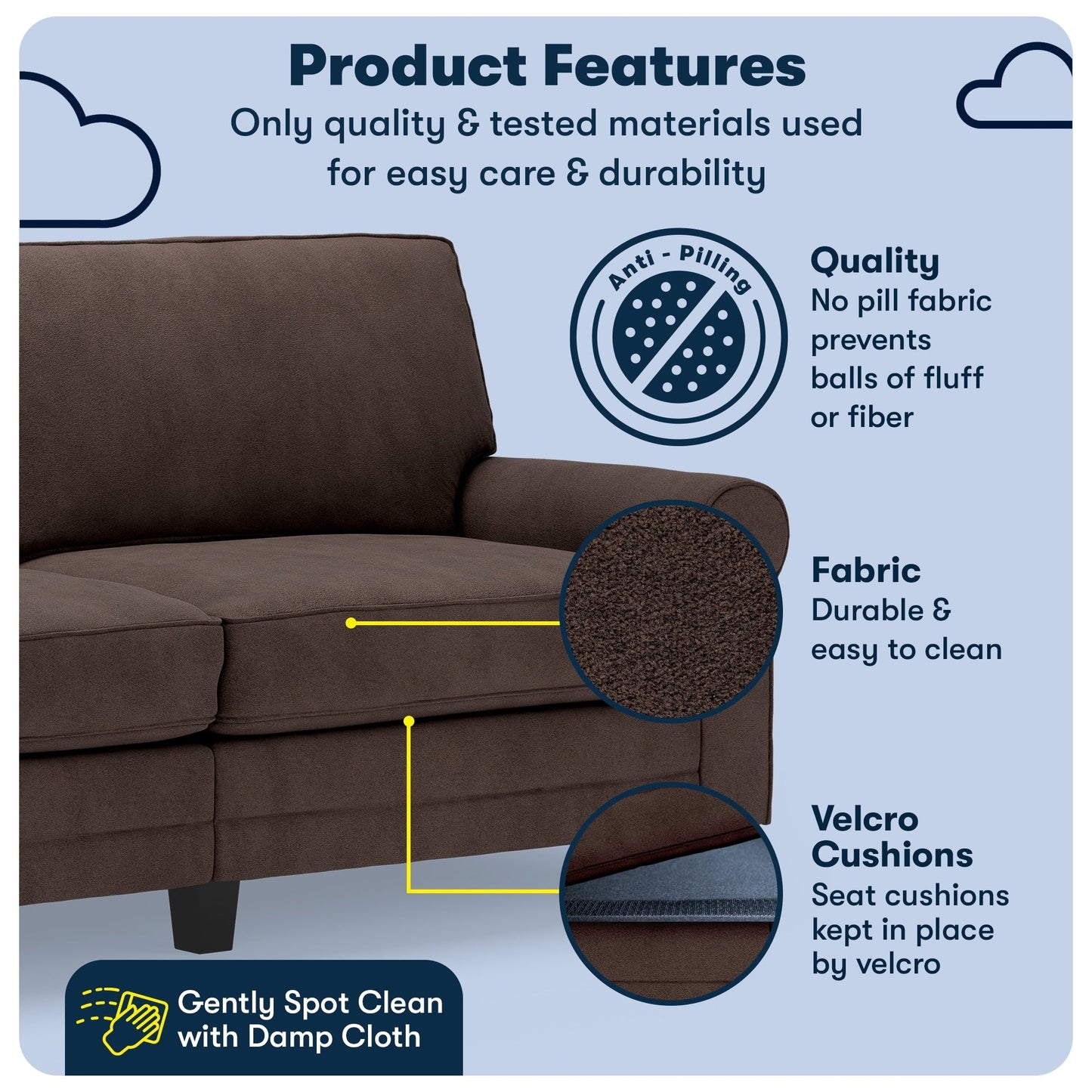 Serta Copenhagen 78 Rolled Arm Sofa, Easy Care Polyester, Soft Pillow Back, Pocket Coil Seat Cushions