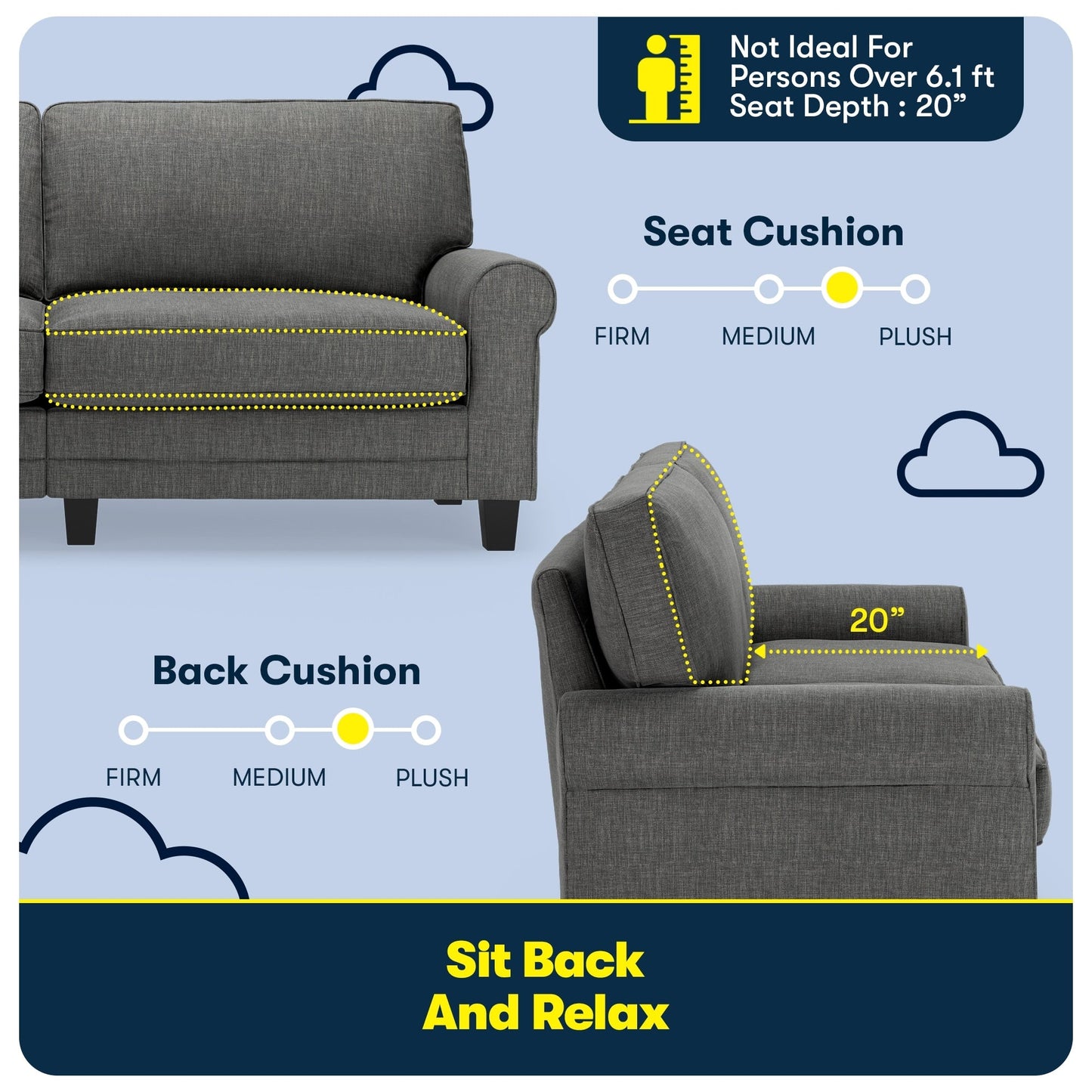 Serta Copenhagen 78 Rolled Arm Sofa, Easy Care Polyester, Soft Pillow Back, Pocket Coil Seat Cushions