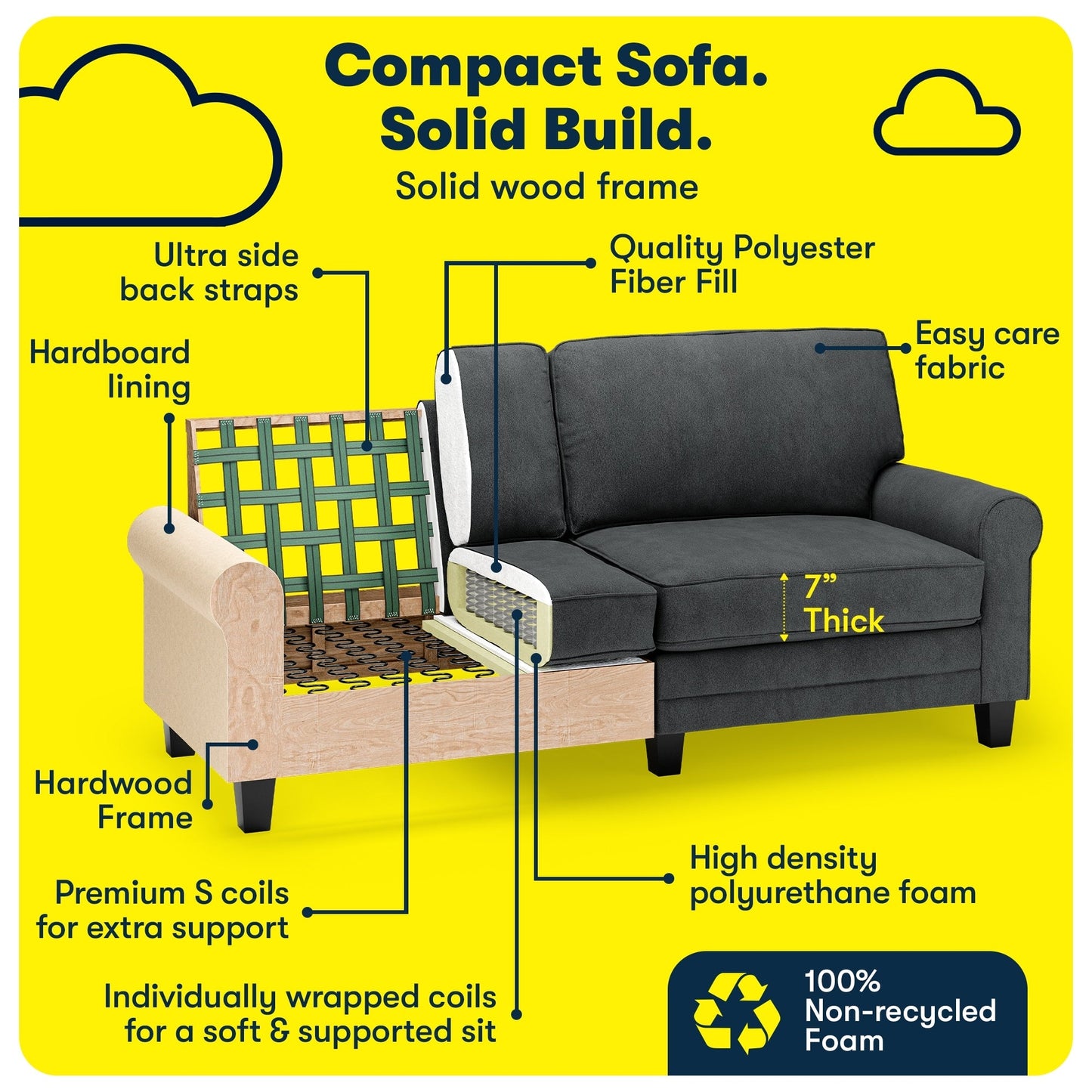 Serta Copenhagen 78 Rolled Arm Sofa, Easy Care Polyester, Soft Pillow Back, Pocket Coil Seat Cushions