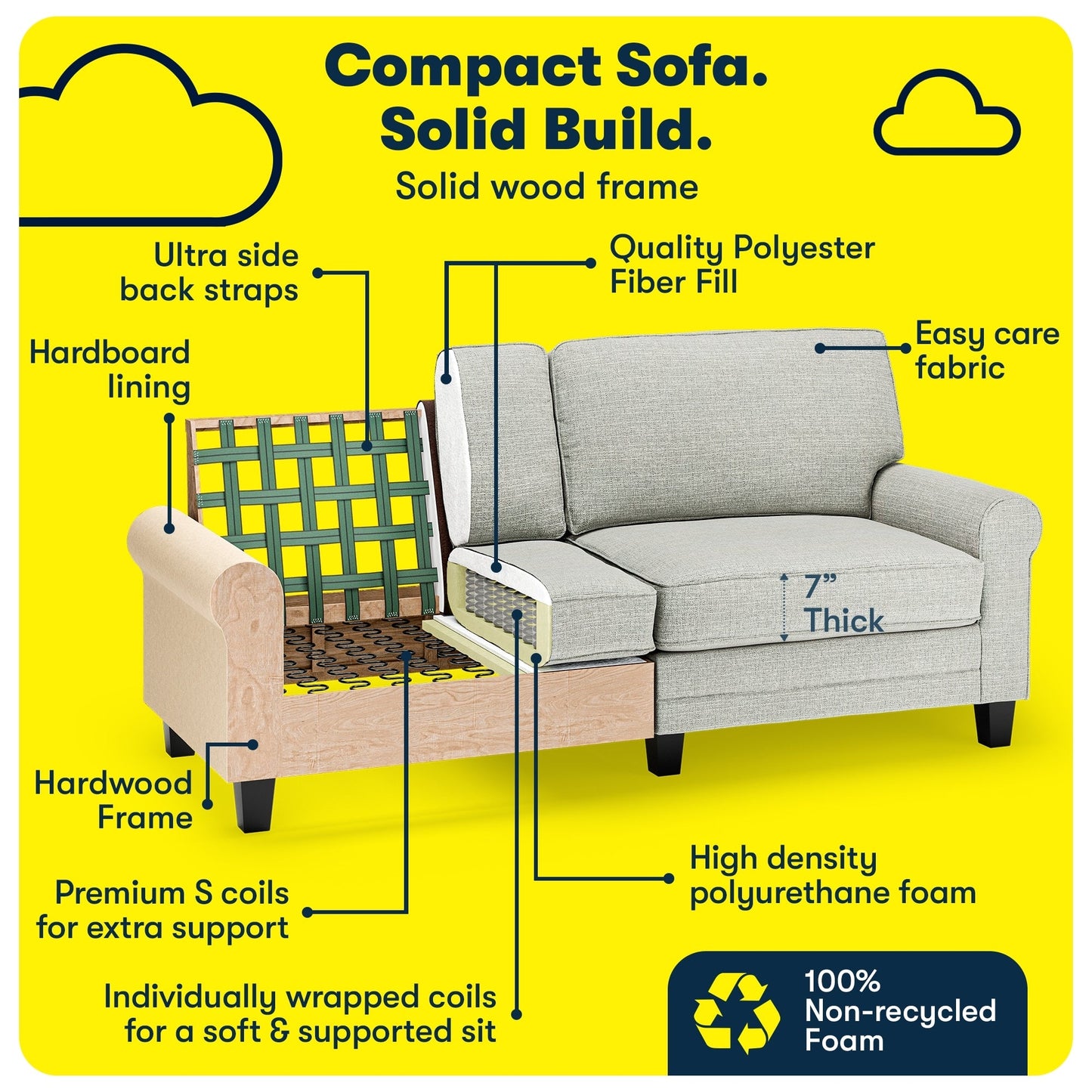 Serta Copenhagen 78 Rolled Arm Sofa, Easy Care Polyester, Soft Pillow Back, Pocket Coil Seat Cushions