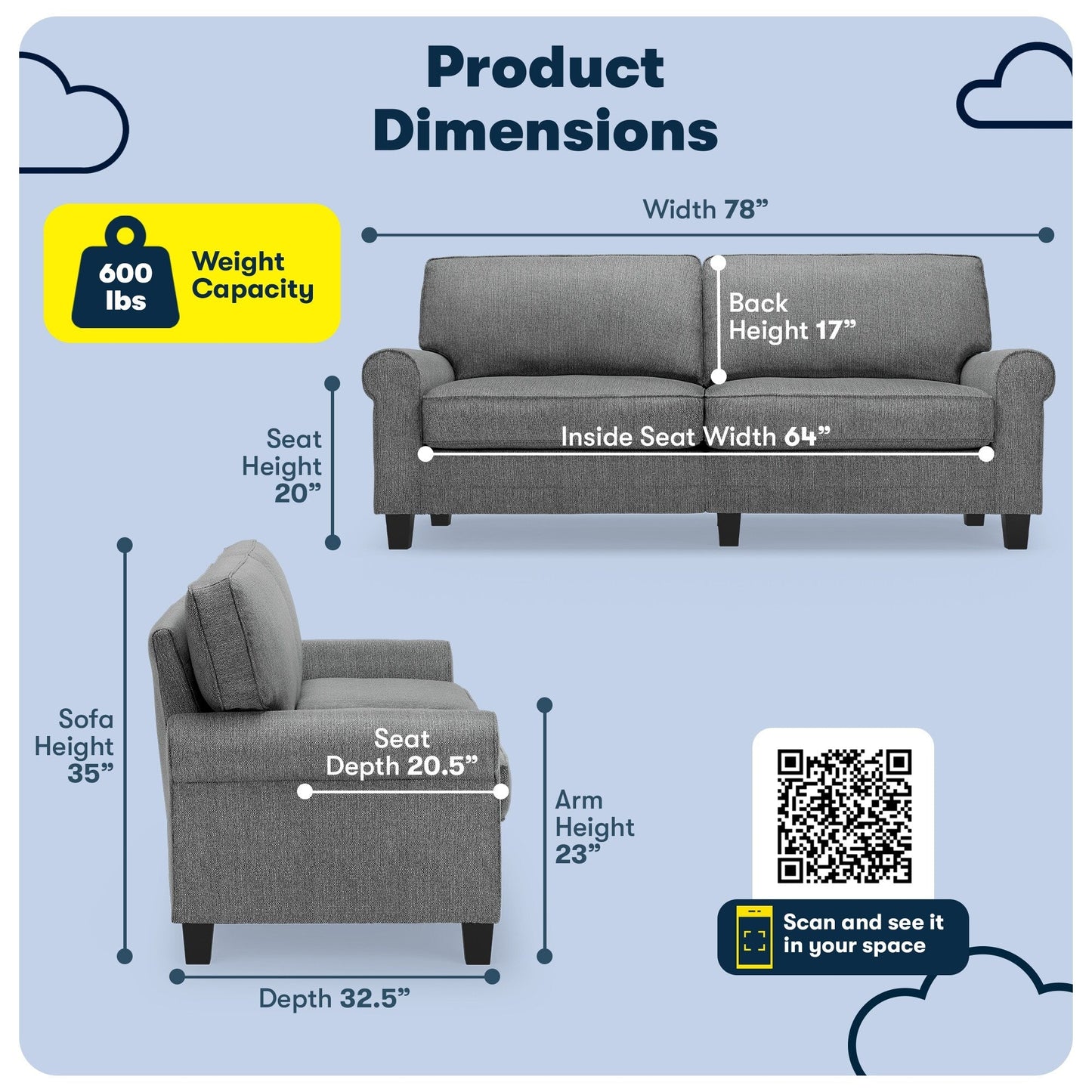 Serta Copenhagen 78 Rolled Arm Sofa, Easy Care Polyester, Soft Pillow Back, Pocket Coil Seat Cushions