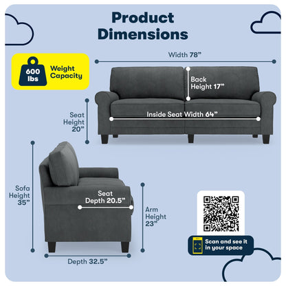Serta Copenhagen 78 Rolled Arm Sofa, Easy Care Polyester, Soft Pillow Back, Pocket Coil Seat Cushions