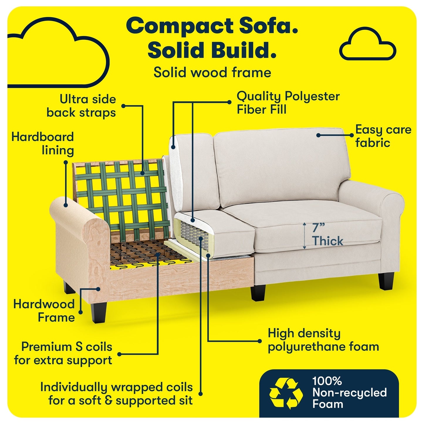 Serta Copenhagen 78 Rolled Arm Sofa, Easy Care Polyester, Soft Pillow Back, Pocket Coil Seat Cushions