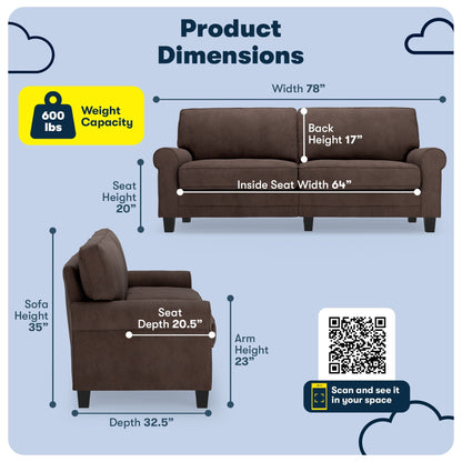 Serta Copenhagen 78 Rolled Arm Sofa, Easy Care Polyester, Soft Pillow Back, Pocket Coil Seat Cushions