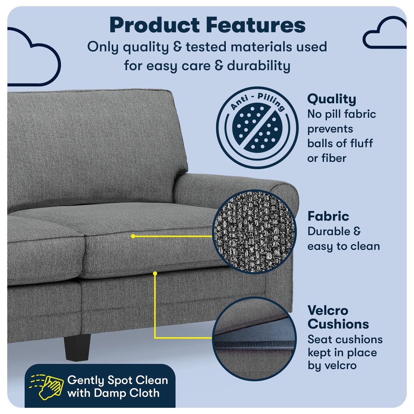 Serta Copenhagen 78 Rolled Arm Sofa, Easy Care Polyester, Soft Pillow Back, Pocket Coil Seat Cushions