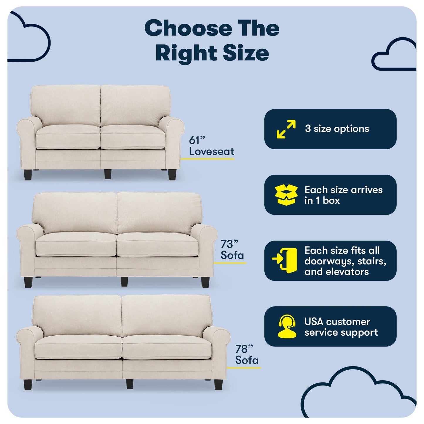 Serta Copenhagen 78 Rolled Arm Sofa, Easy Care Polyester, Soft Pillow Back, Pocket Coil Seat Cushions