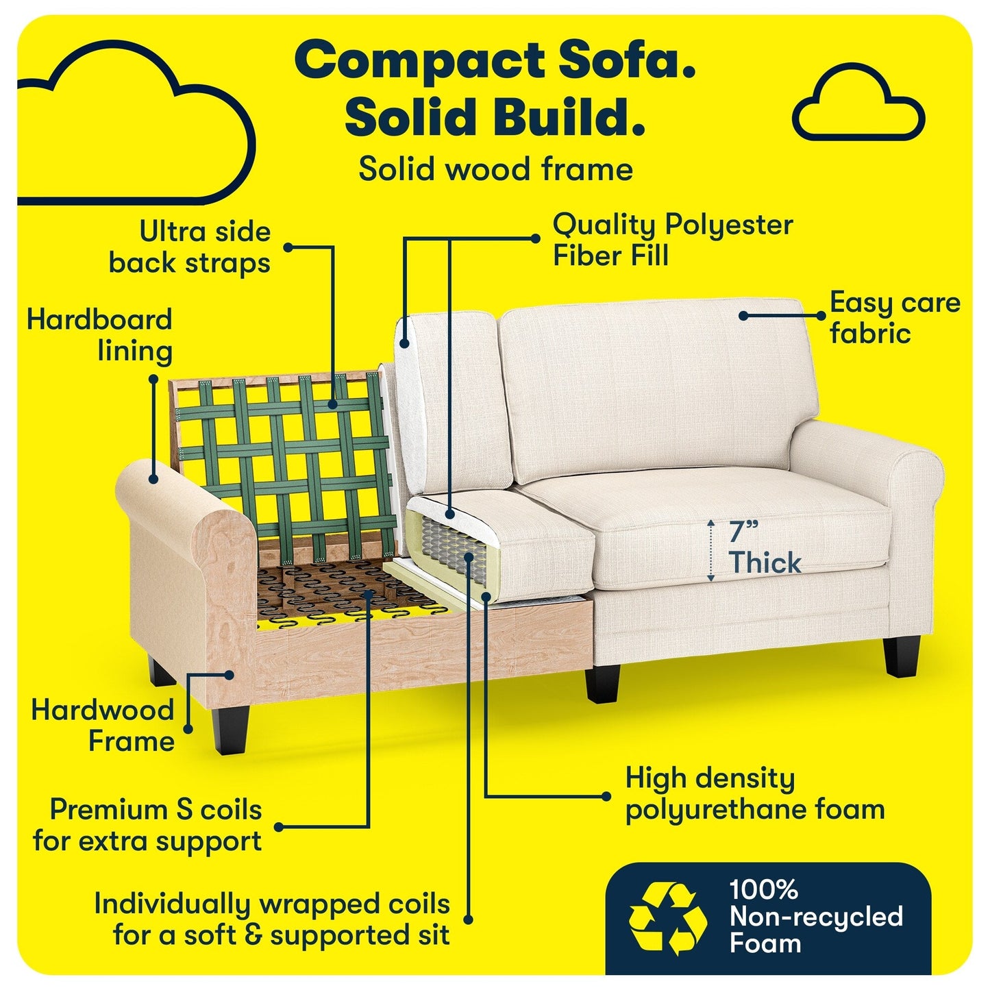 Serta Copenhagen 78 Rolled Arm Sofa, Easy Care Polyester, Soft Pillow Back, Pocket Coil Seat Cushions