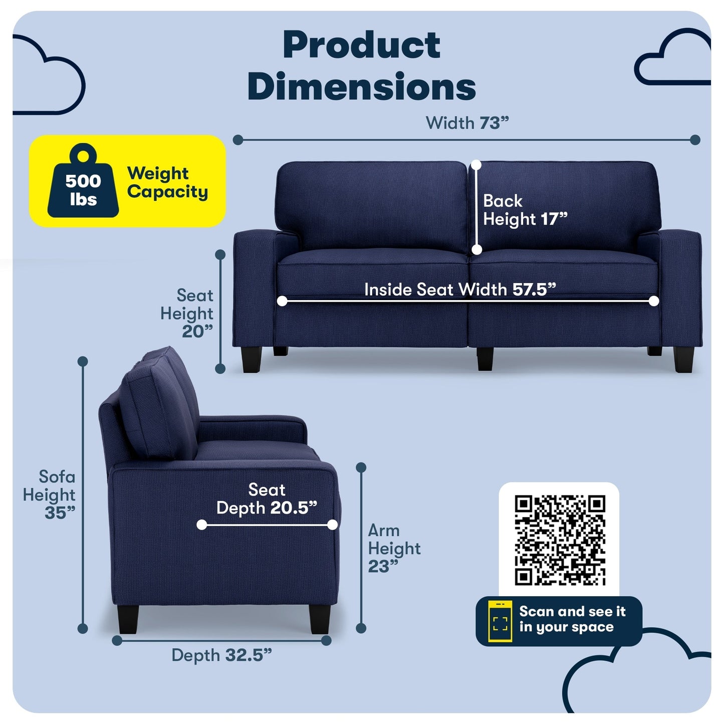 Serta Palisades 73 Track Arm Sofa, Easy Care Polyester, Soft Pillow Back, Pocket Coil Seat Cushions