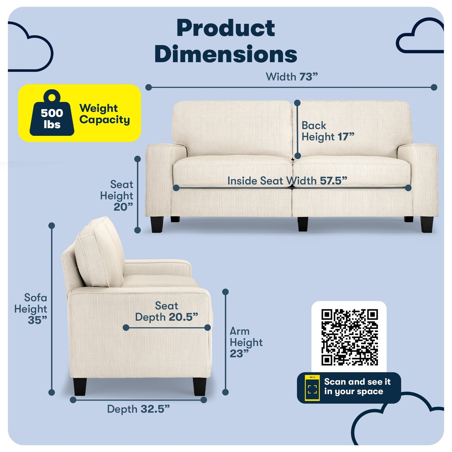 Serta Palisades 73 Track Arm Sofa, Easy Care Polyester, Soft Pillow Back, Pocket Coil Seat Cushions