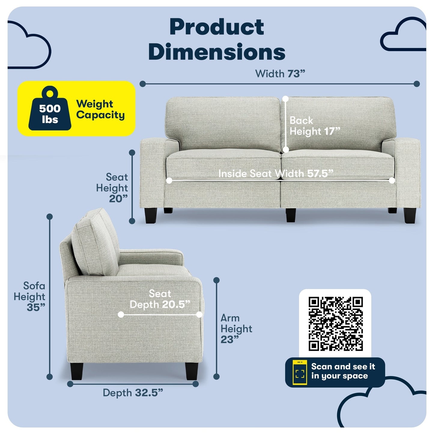 Serta Palisades 73 Track Arm Sofa, Easy Care Polyester, Soft Pillow Back, Pocket Coil Seat Cushions