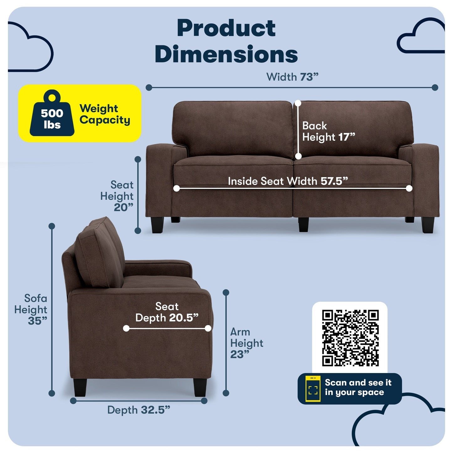 Serta Palisades 73 Track Arm Sofa, Easy Care Polyester, Soft Pillow Back, Pocket Coil Seat Cushions