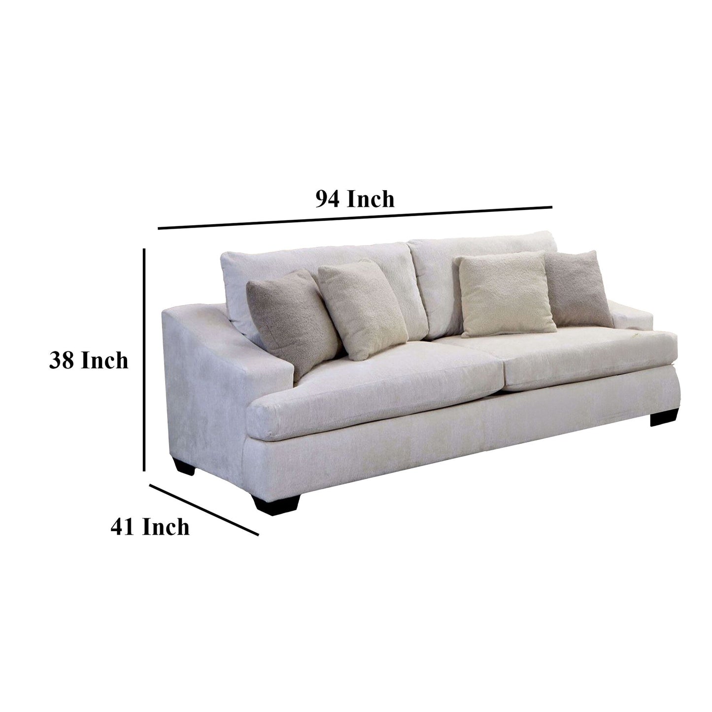 Sham Sofa, Ivory Chenille, 4 Accent Pillows, Solid Wood Frame, 94 Inch