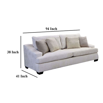 Sham Sofa, Ivory Chenille, 4 Accent Pillows, Solid Wood Frame, 94 Inch