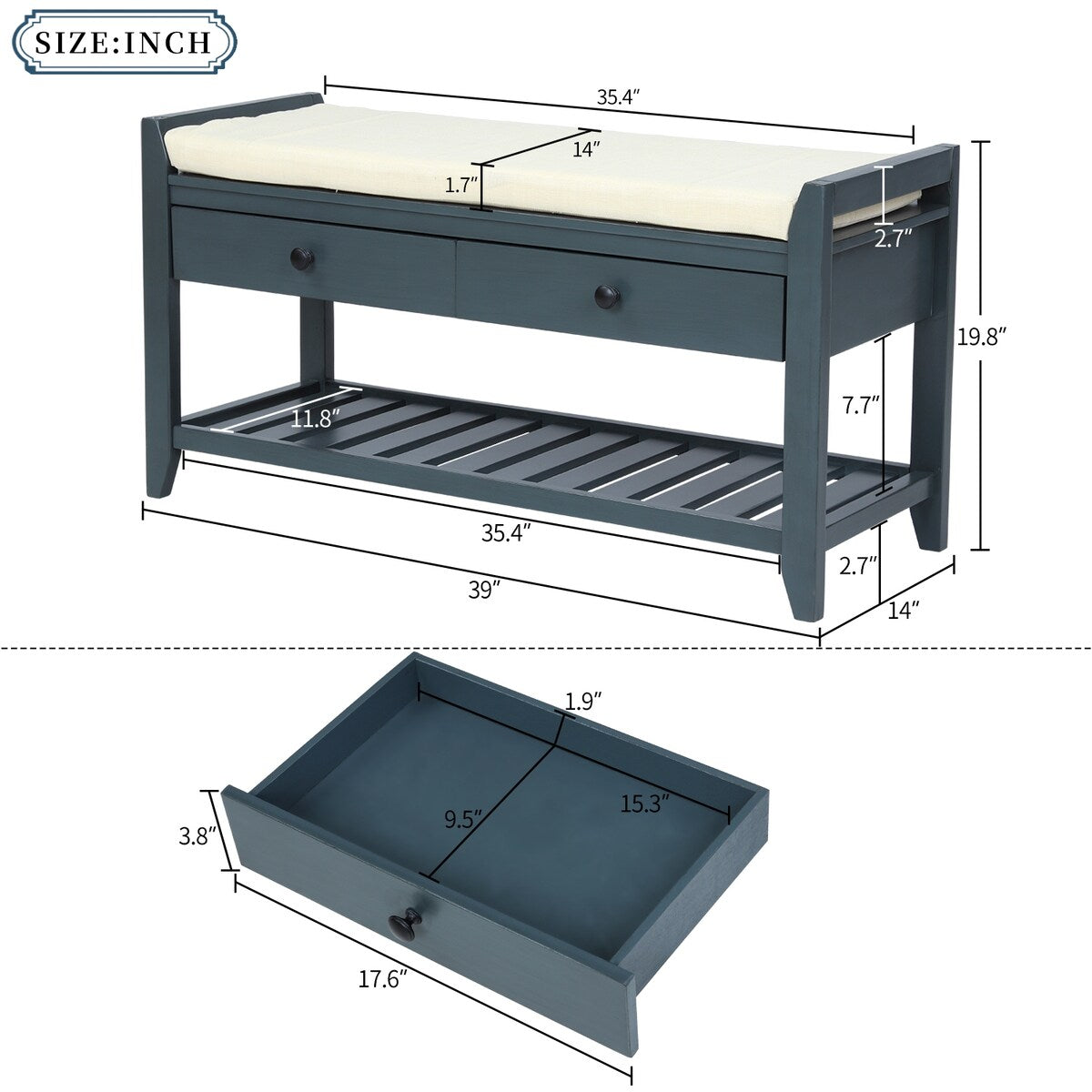 Shoe Rack with Cushioned Seat and Drawers, Multipurpose Storage Bench, Antique Navy - 39L x 14W x 19.8H