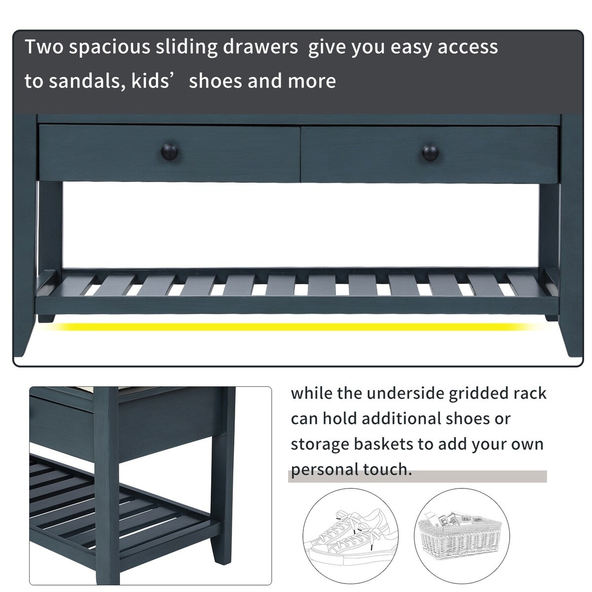 Shoe Rack with Cushioned Seat and Drawers, Multipurpose Storage Bench, Antique Navy - 39L x 14W x 19.8H