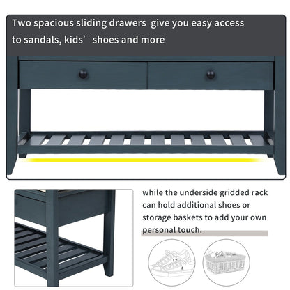Shoe Rack with Cushioned Seat and Drawers, Multipurpose Storage Bench, Antique Navy - 39L x 14W x 19.8H