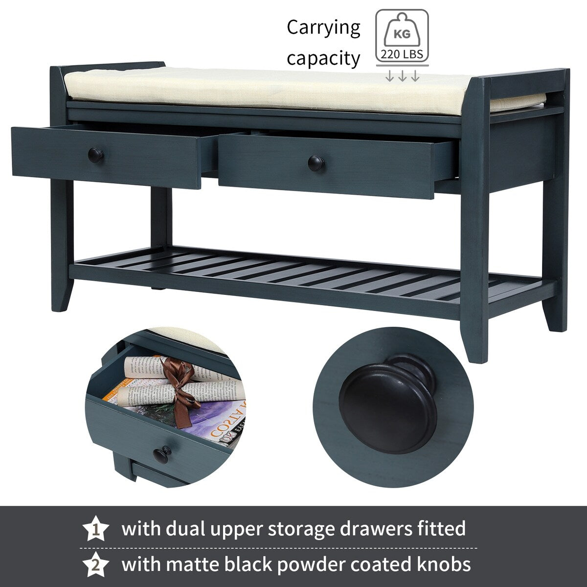 Shoe Rack with Cushioned Seat and Drawers, Multipurpose Storage Bench, Antique Navy - 39L x 14W x 19.8H