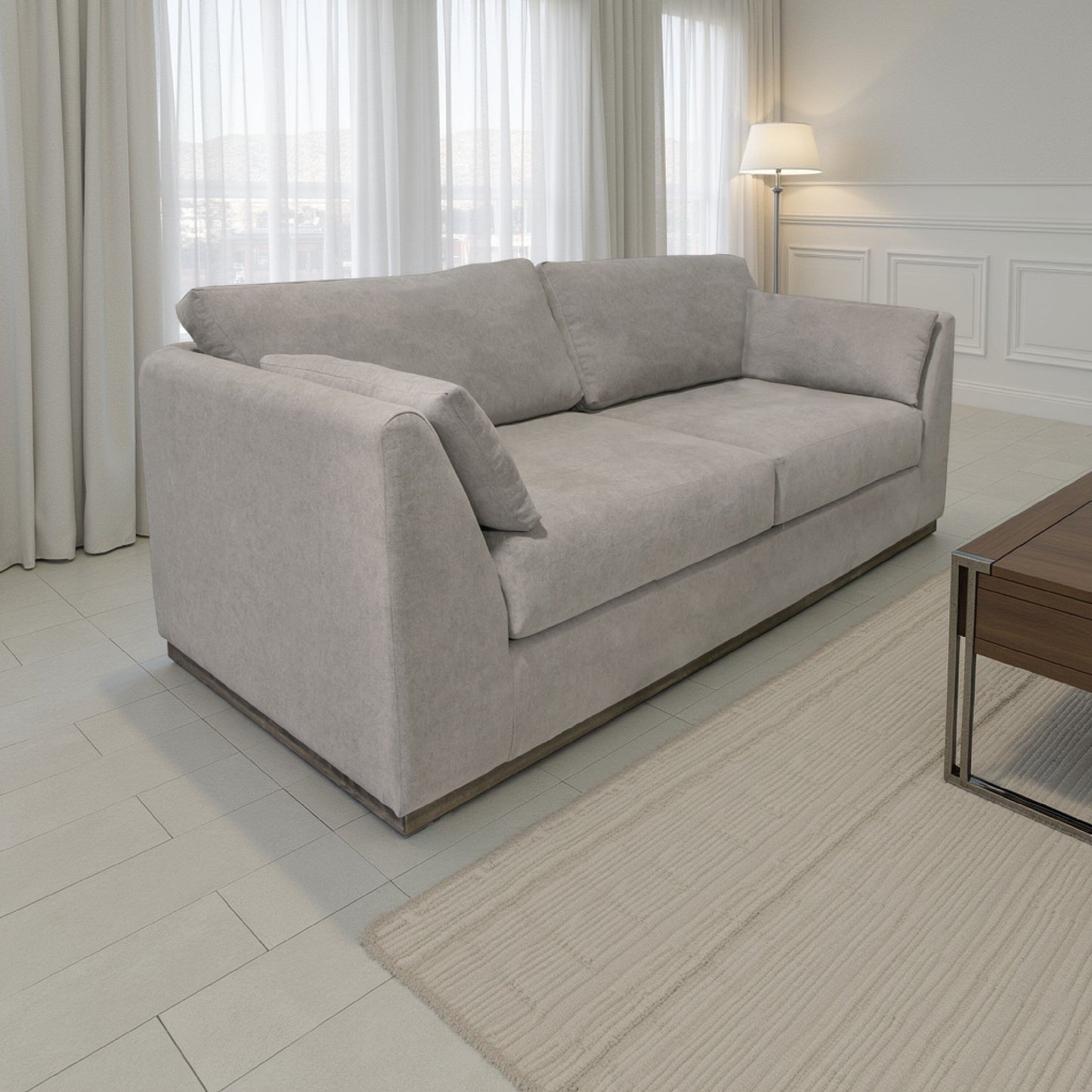 Sian Sofa, Almond Gray Polyester, 2 Pillows, Solid Pine Wood, 90 Inch