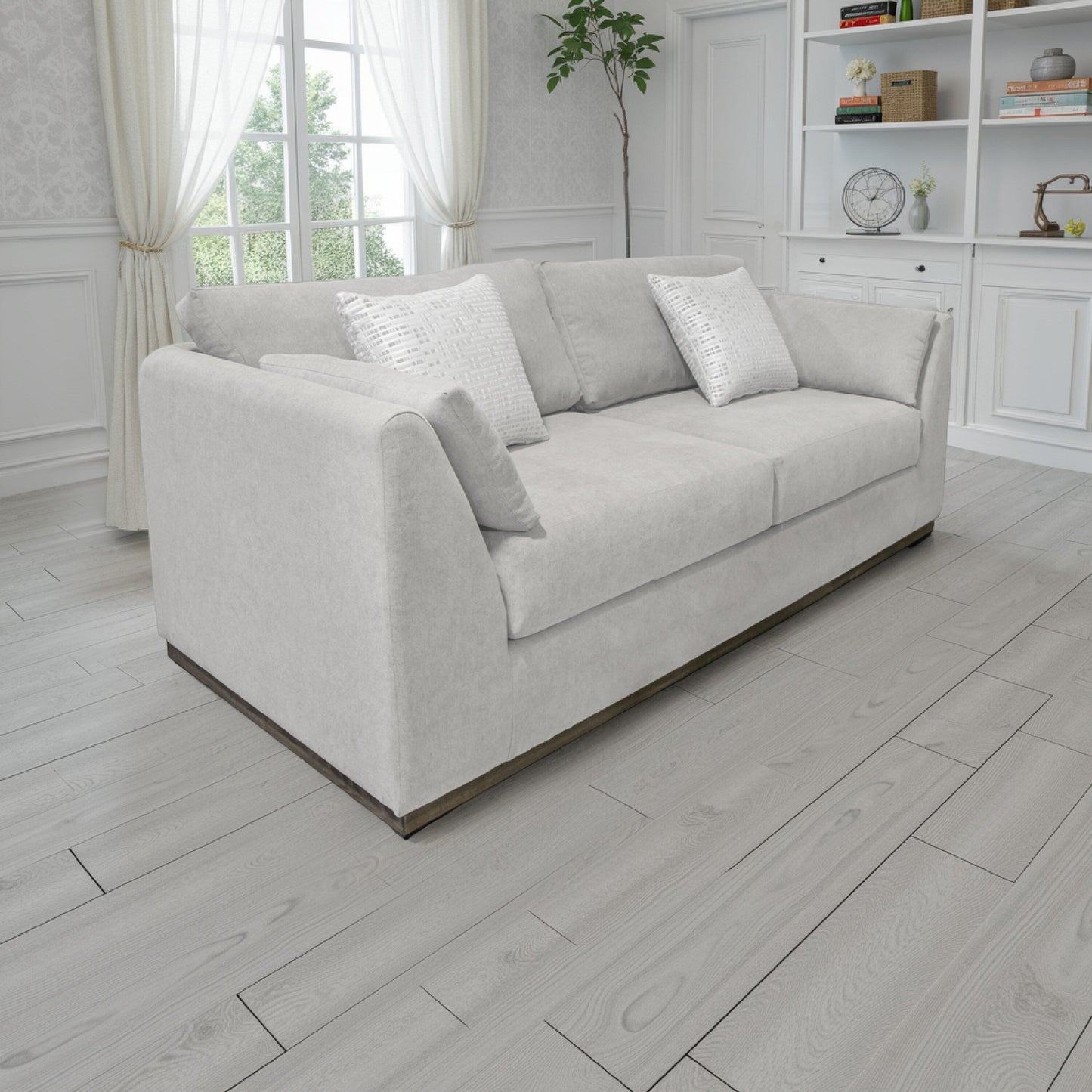 Sian Sofa, Beige Polyester, 2 Throw Pillows, Solid Pine Wood, 90 Inch