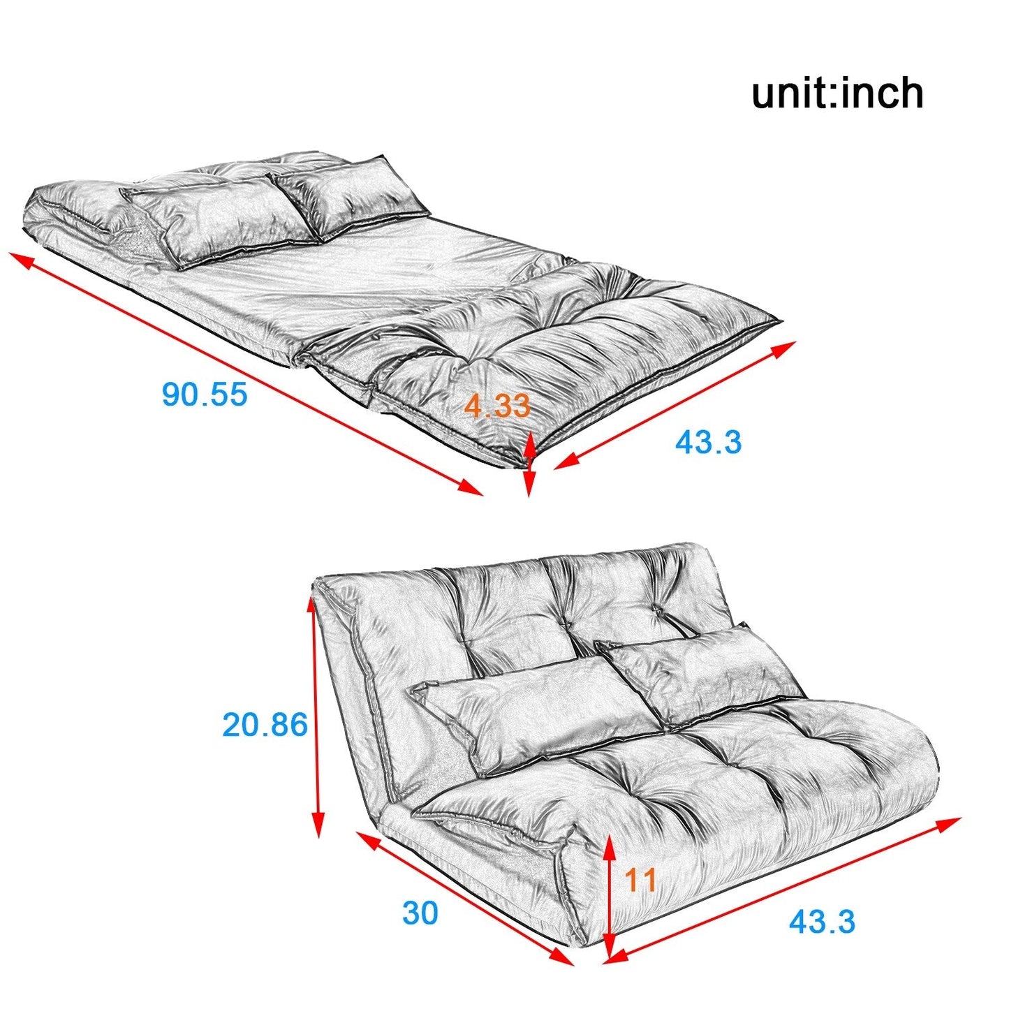 Nestfair Sofa Bed Adjustable Folding Futon with 2-Pillows