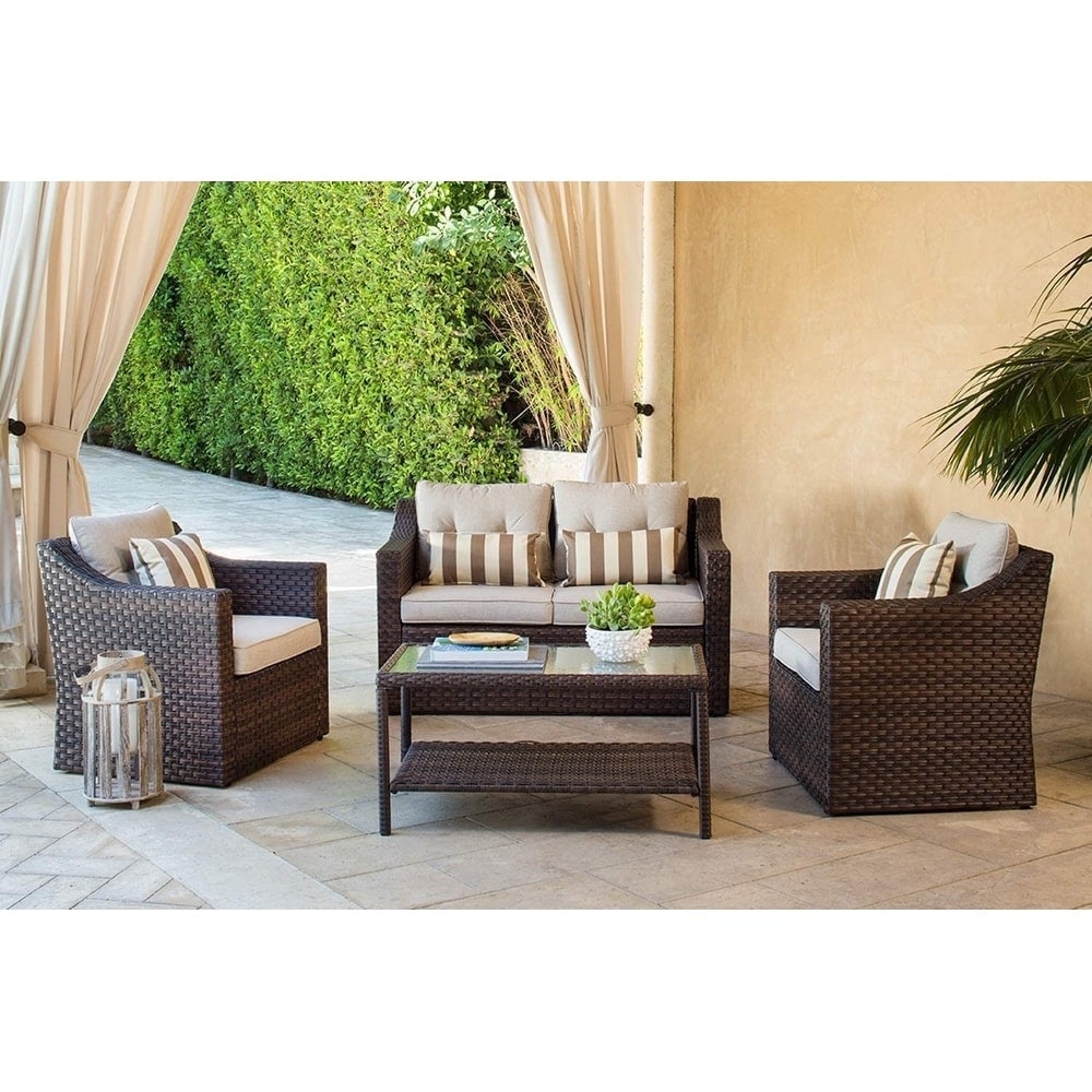 4-piece/5-piece Outdoor Patio Wicker Lounge Chair Conversation Set with Coffee Table and Cushions