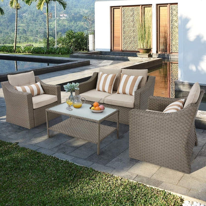 4-piece/5-piece Outdoor Patio Wicker Lounge Chair Conversation Set with Coffee Table and Cushions