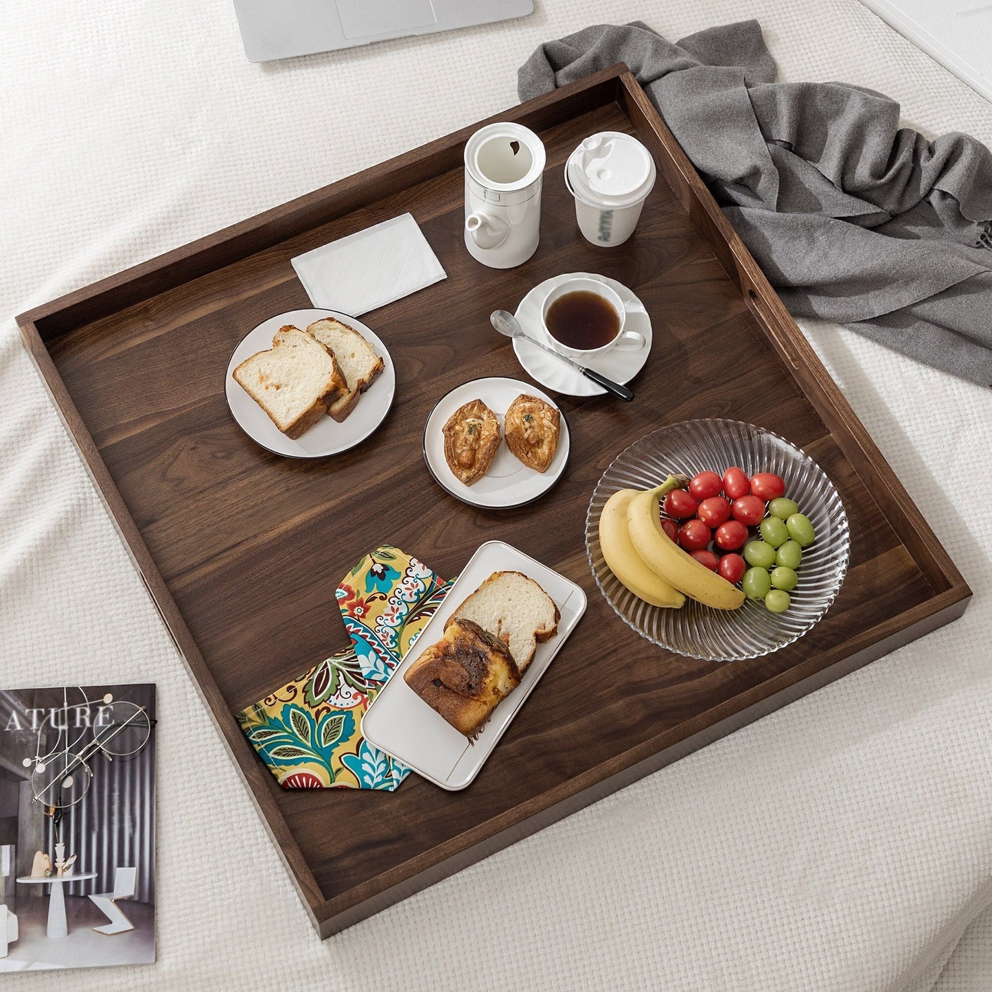 KINWELL Square Black Walnut Wood Serving Tray Ottoman Tray with Handles