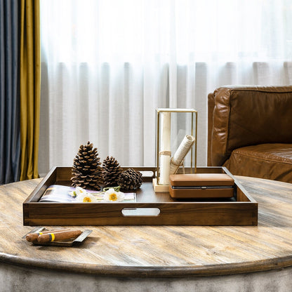 KINWELL Square Black Walnut Wood Serving Tray Ottoman Tray with Handles