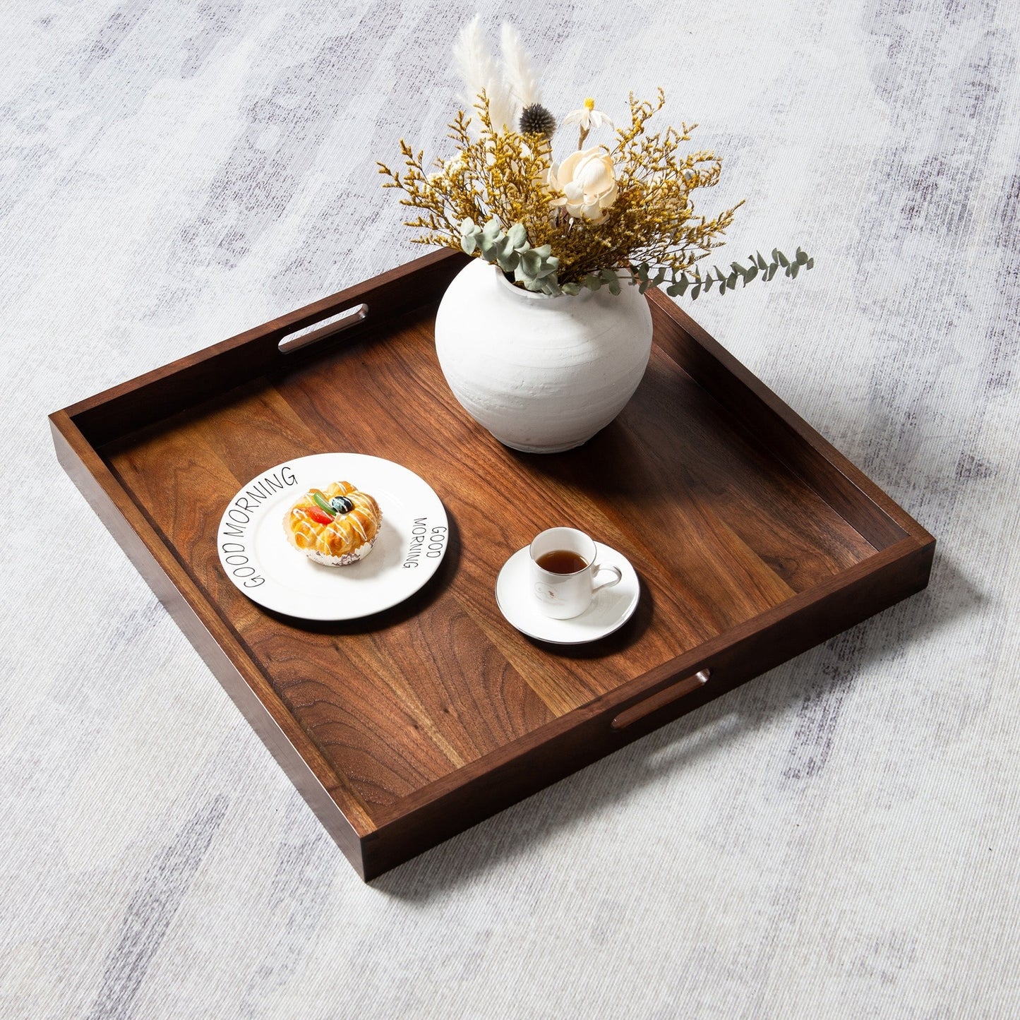 KINWELL Square Black Walnut Wood Serving Tray Ottoman Tray with Handles