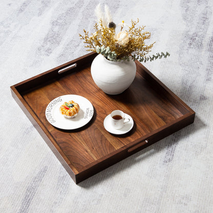 KINWELL Square Black Walnut Wood Serving Tray Ottoman Tray with Handles