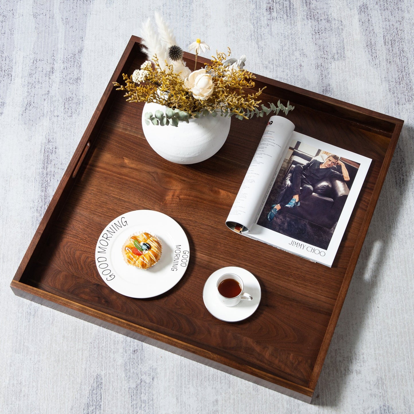KINWELL Square Black Walnut Wood Serving Tray Ottoman Tray with Handles