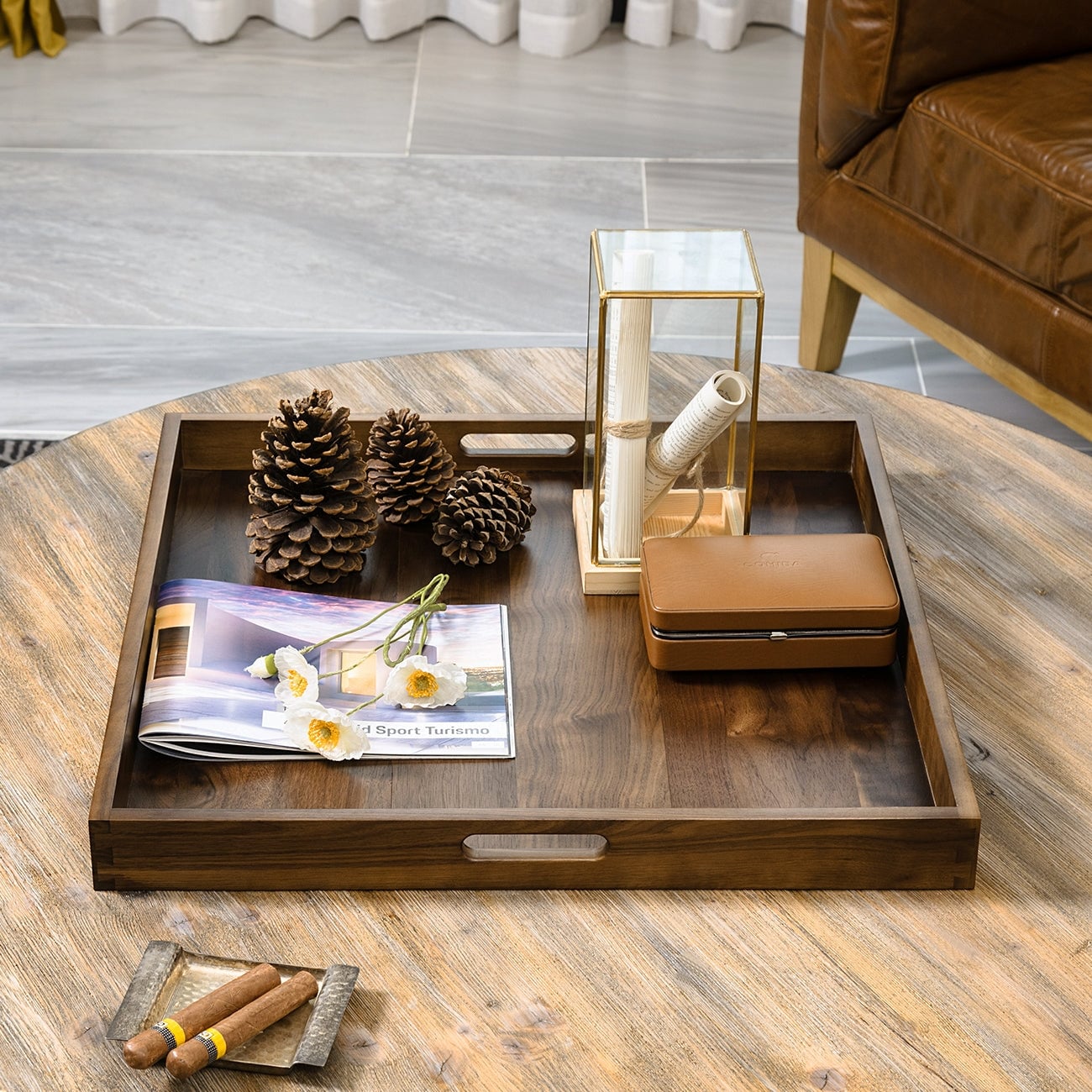 KINWELL Square Black Walnut Wood Serving Tray Ottoman Tray with Handles