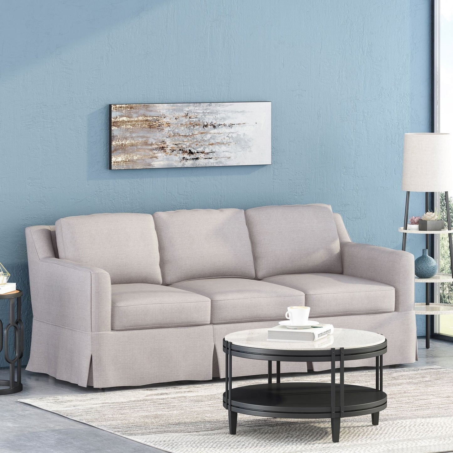 Striped Fabric 3-seater Sofa with Recessed Arms
