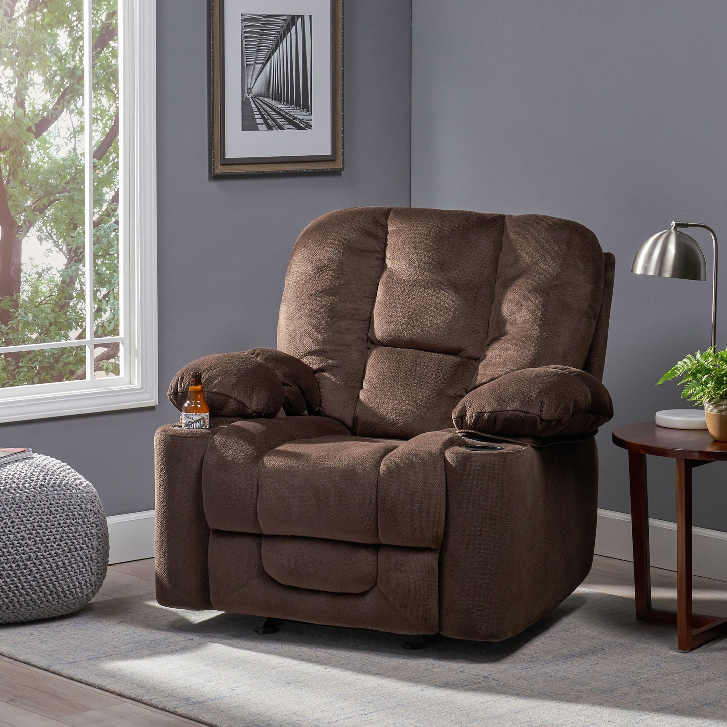 Stylish Manual Recliner with Soft Fabric Upholstery, Plush Padding, and Dual Cup Holders