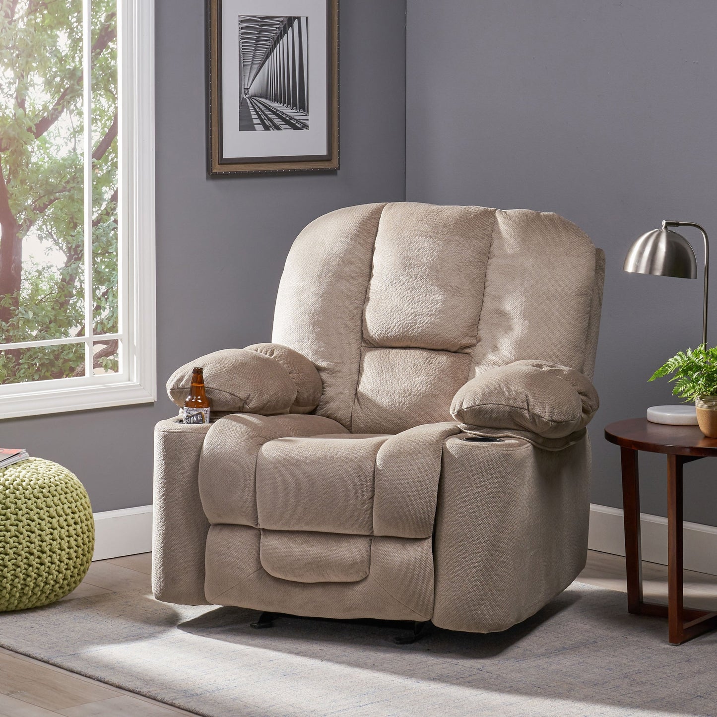 Stylish Manual Recliner with Soft Fabric Upholstery, Plush Padding, and Dual Cup Holders