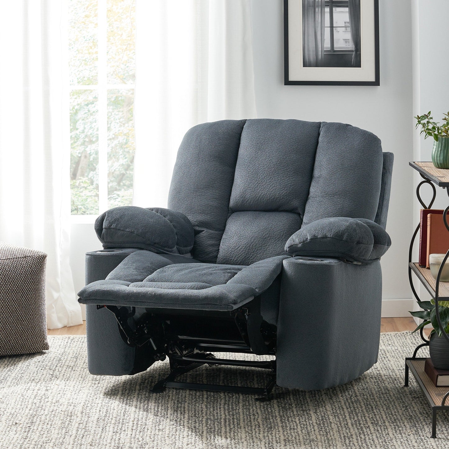 Stylish Manual Recliner with Soft Fabric Upholstery, Plush Padding, and Dual Cup Holders
