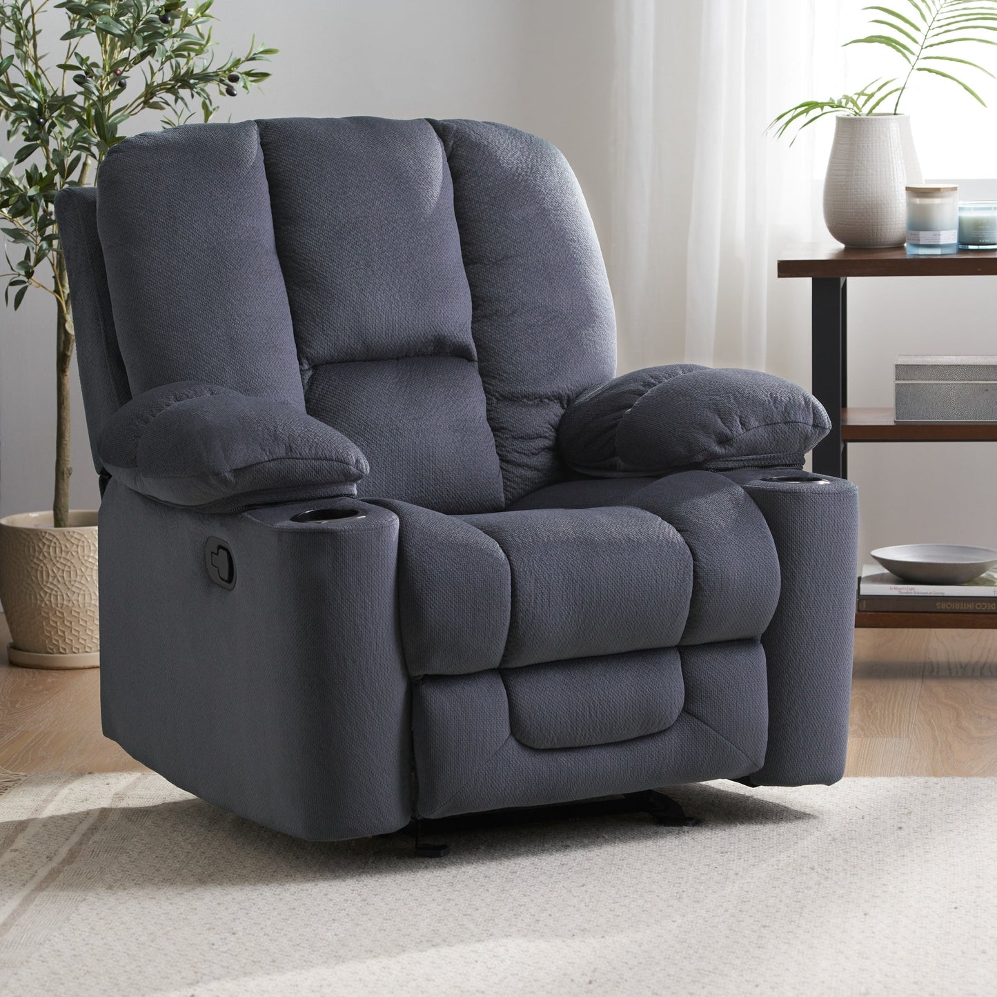 Stylish Manual Recliner with Soft Fabric Upholstery, Plush Padding, and Dual Cup Holders