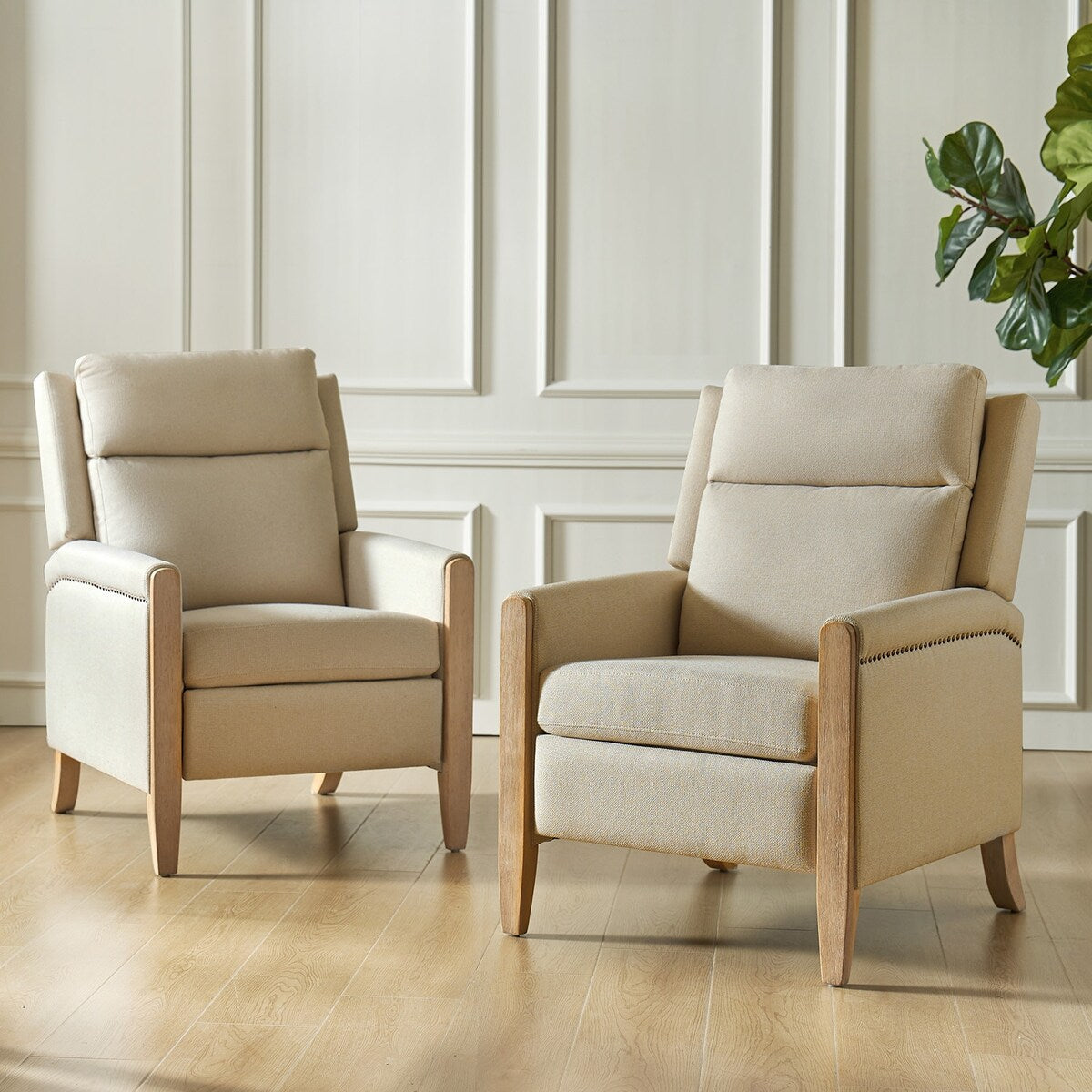 Suares Transitional Nailhead Manual Recliner with Solid Wood Legs Set of 2 by HULALA HOME