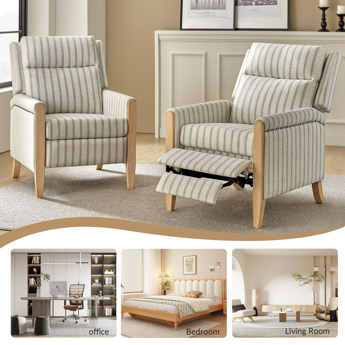 Suares Transitional Nailhead Manual Recliner with Solid Wood Legs Set of 2 by HULALA HOME