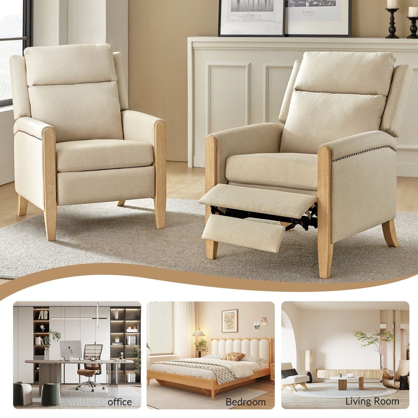 Suares Transitional Nailhead Manual Recliner with Solid Wood Legs by HULALA HOME