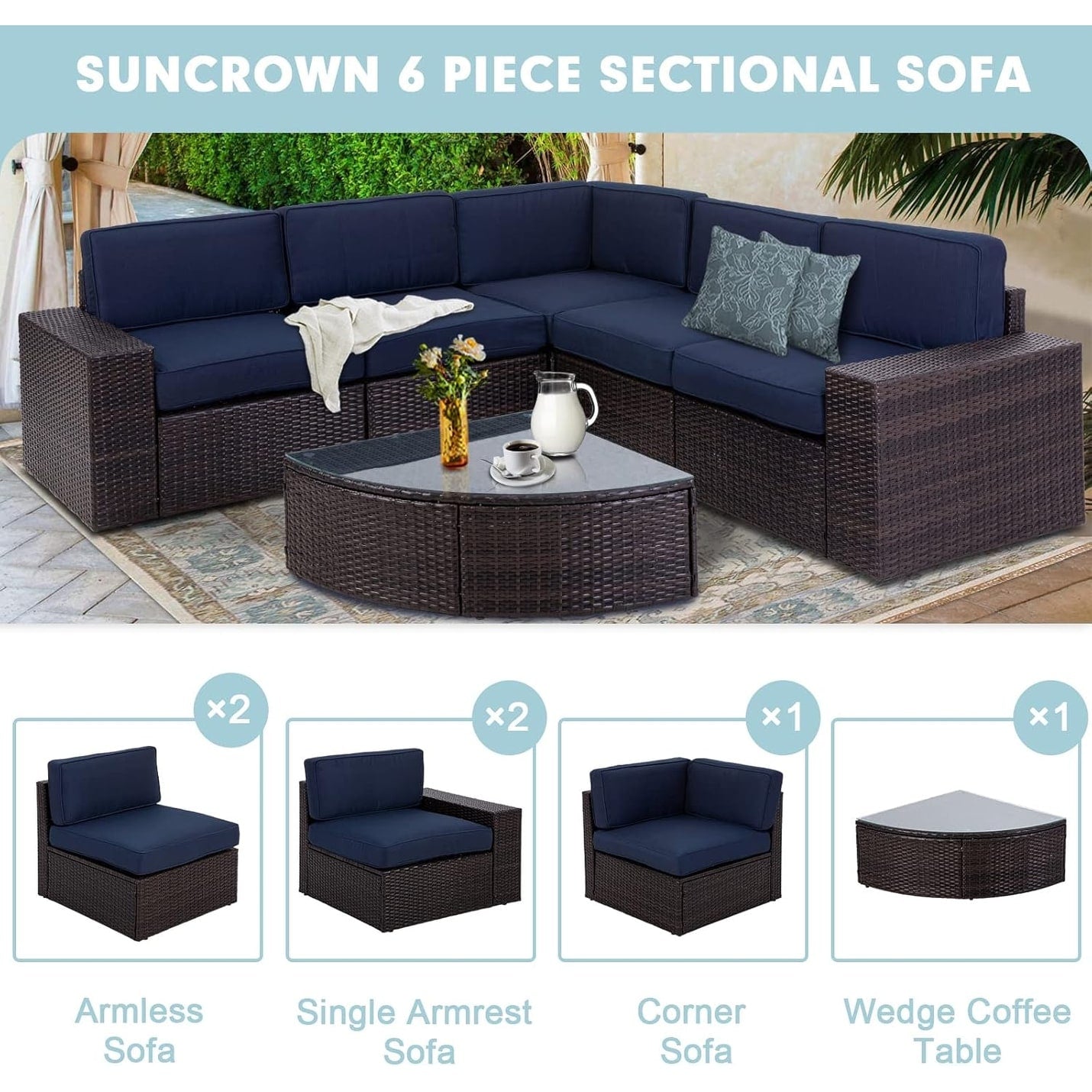 Suncrown Outdoor 6-piece Brown Rattan Sectional Sofa Set with Table