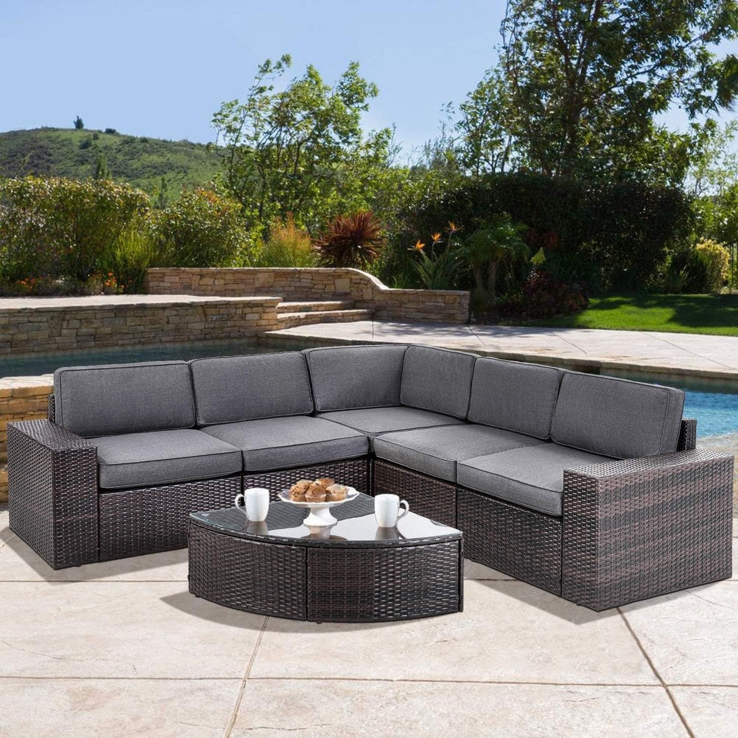 Suncrown Outdoor 6-piece Brown Rattan Sectional Sofa Set with Table