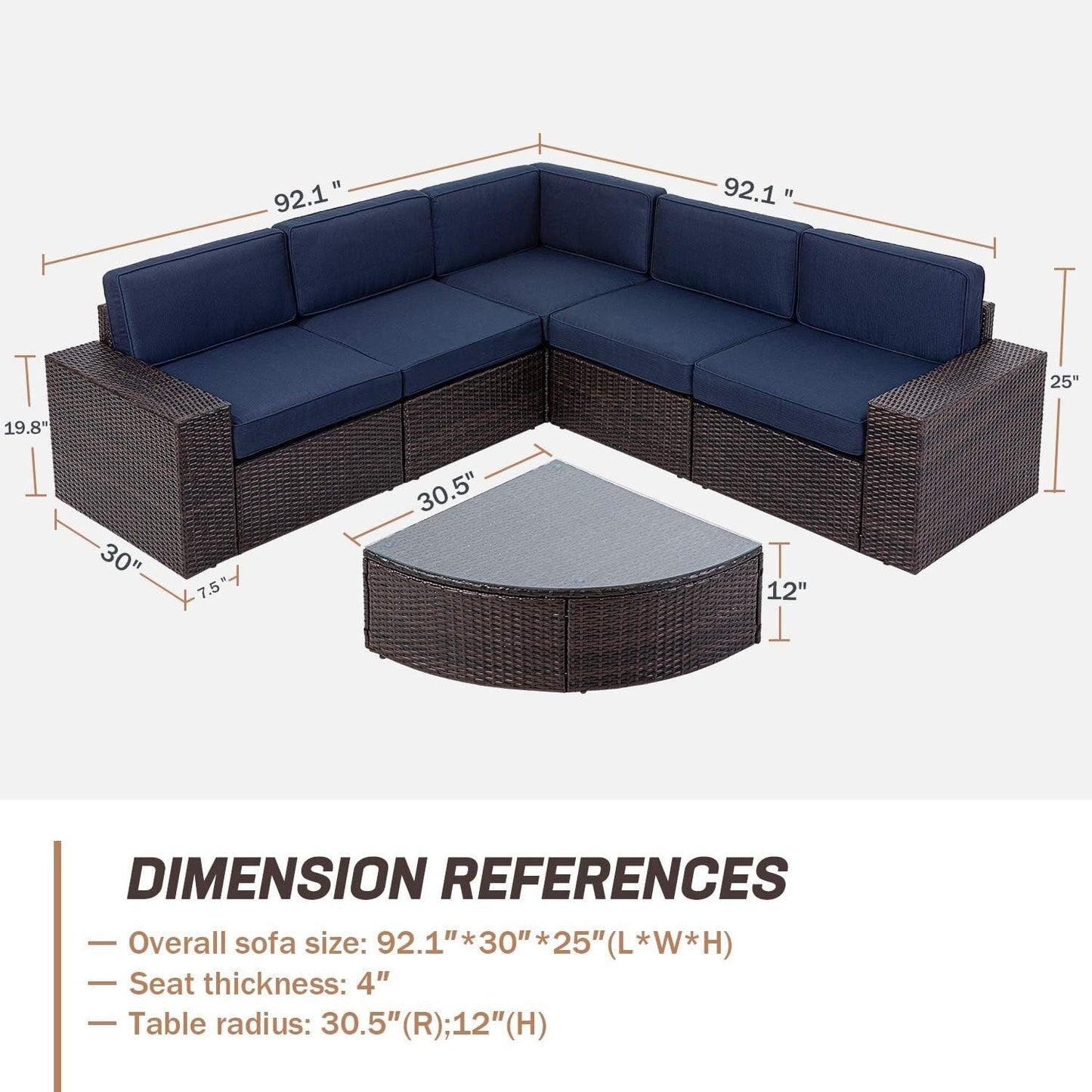 Suncrown Outdoor 6-piece Brown Rattan Sectional Sofa Set with Table