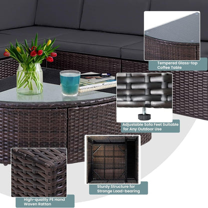Suncrown Outdoor 6-piece Brown Rattan Sectional Sofa Set with Table