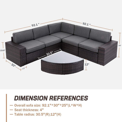 Suncrown Outdoor 6-piece Brown Rattan Sectional Sofa Set with Table