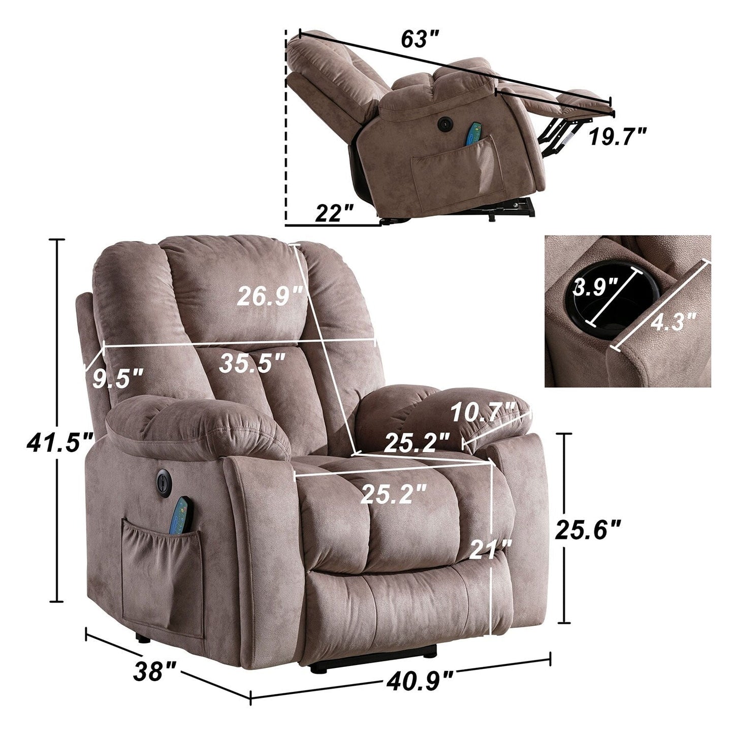 Oversized Power Assist Lift Recliner Chair With Massage and Heating with 2 Concealed Cup Holders for Elderly