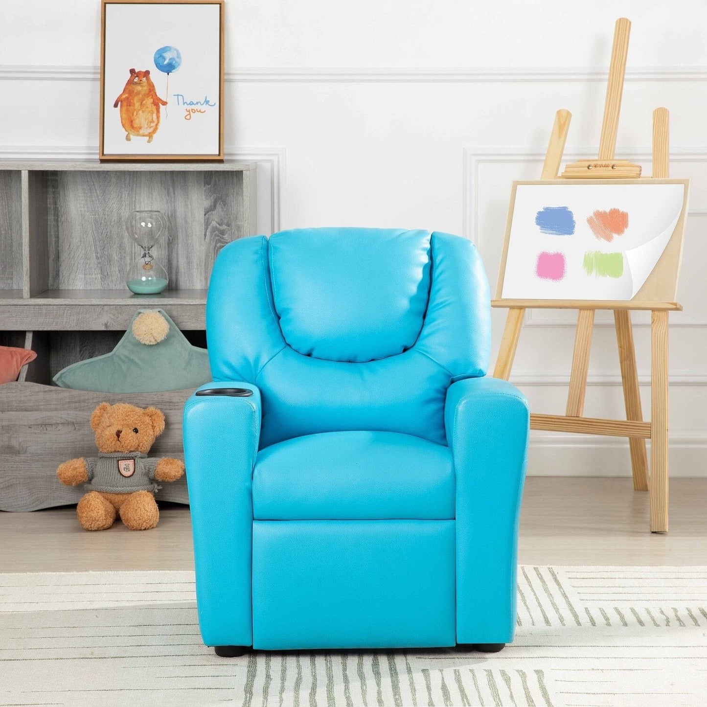 PVC Kids Recliner Chair with Push-Back Reclining Function, Cup Holder, and Comfortable Footres