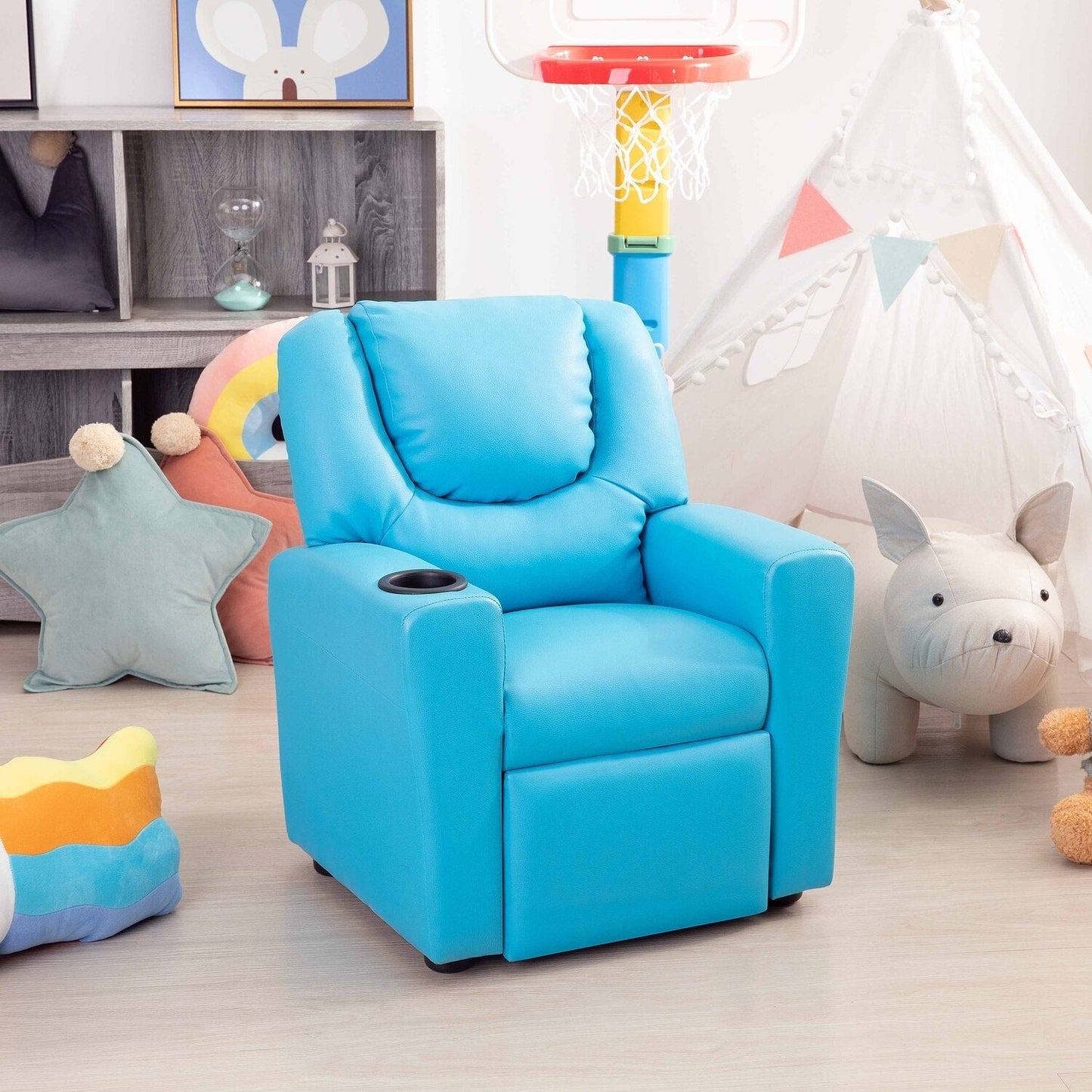 PVC Kids Recliner Chair with Push-Back Reclining Function, Cup Holder, and Comfortable Footres
